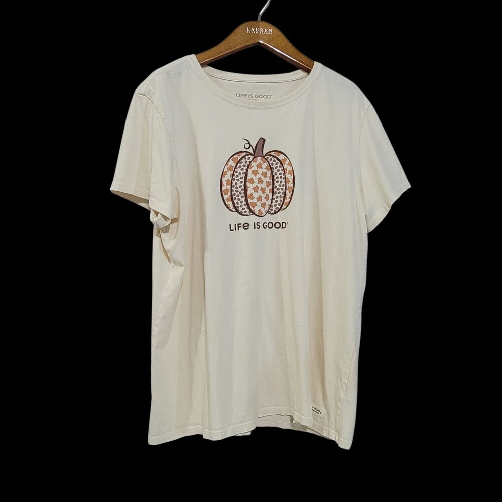 Life is Good Pumpkin Tee Shirt Womens XL Autumn Fall Leaves Cotton Comfort